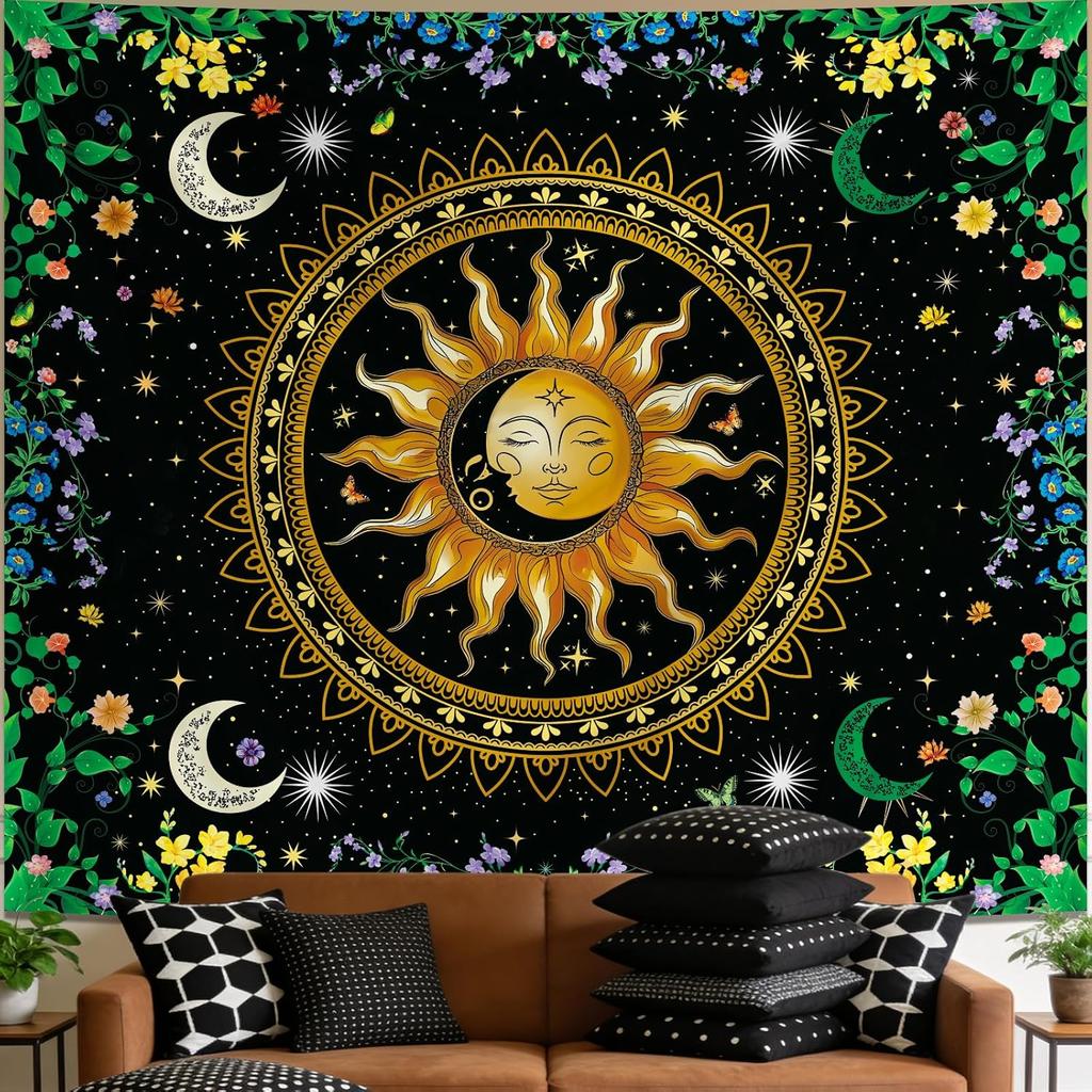 Boho Mandala Nature Tapestries Bedroom Decor,Sun and Moon Celestial Starry Night Poster,Mandala flowers tapestry wall hanging