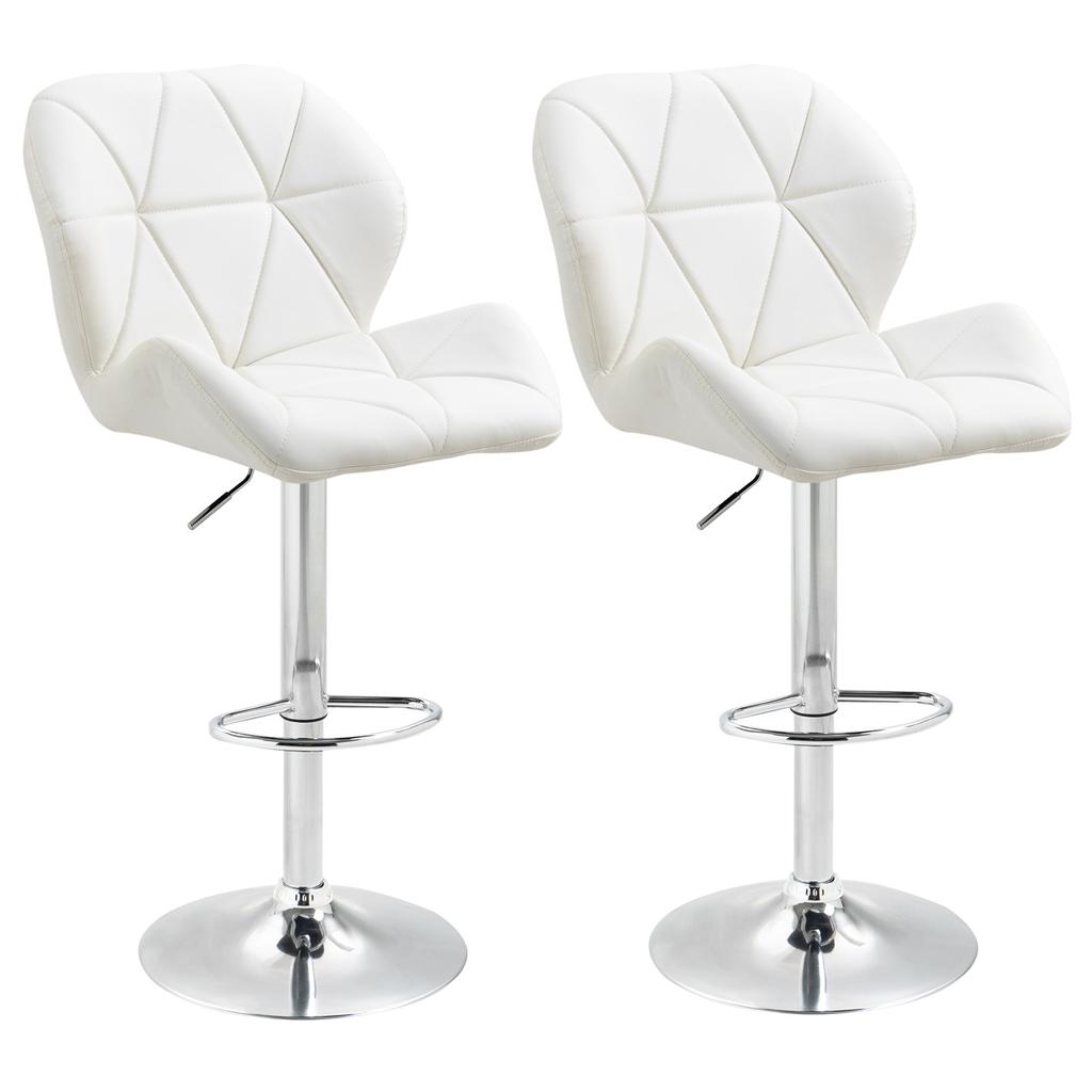 Set of 2 Bar Stools with Adjustable Height, Metal Base and PU Leather Seat, Kitchen Stools with Backrest and Footrest, 51.5x57.5x93-114.5cm, White