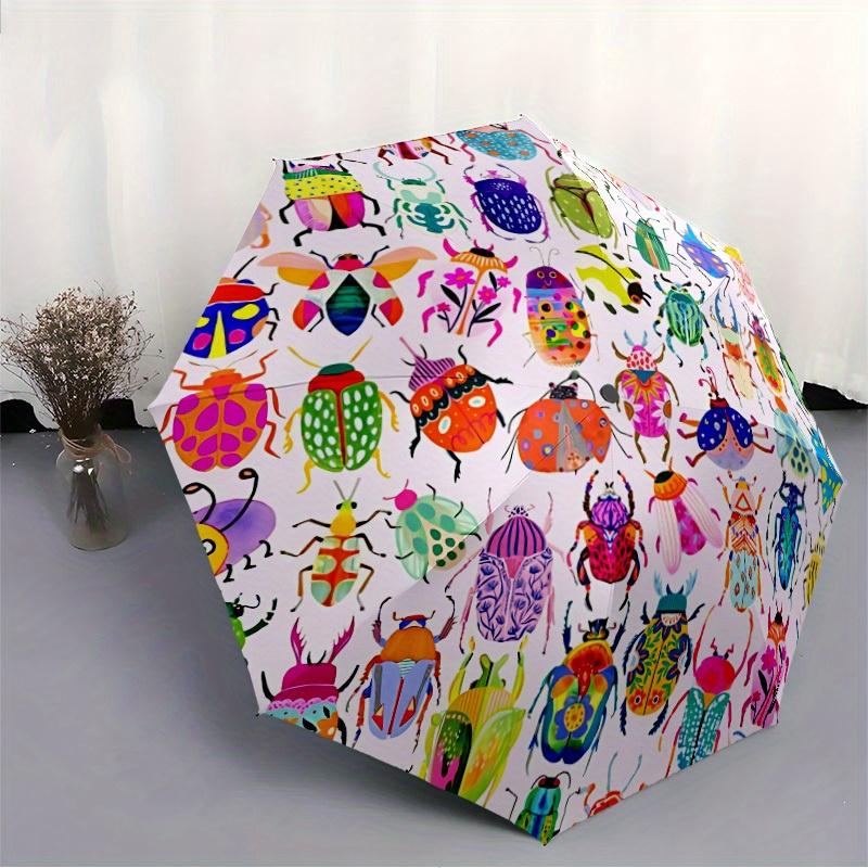 1pc Colorful Beetle Print Folding Umbrella With Excellent UV Protection, 8 Ribs Casual Durable Lightweight Portable Travelling Umbrella For