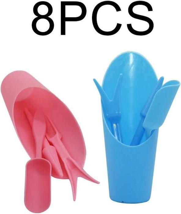 Kit 8 outils pour semis et plantation — pelles, pellettes et transplanter, rose et bleu