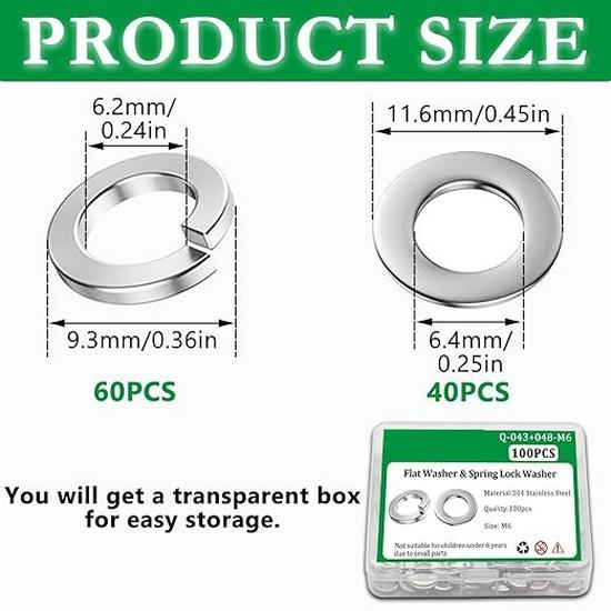 100-Piece M6 Washers Set: 50 Flat Washers & 50 Spring Lock Washers