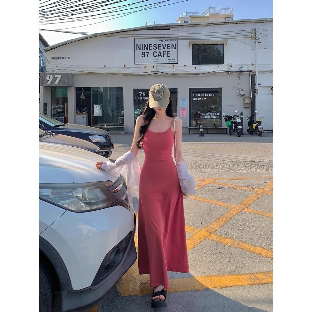 Dopamine Vacation Style Women's Clothing Korean Version Summer Clothing Temperament Waist Suspender Dress Slim and Thin Bottom Long Dress Women
