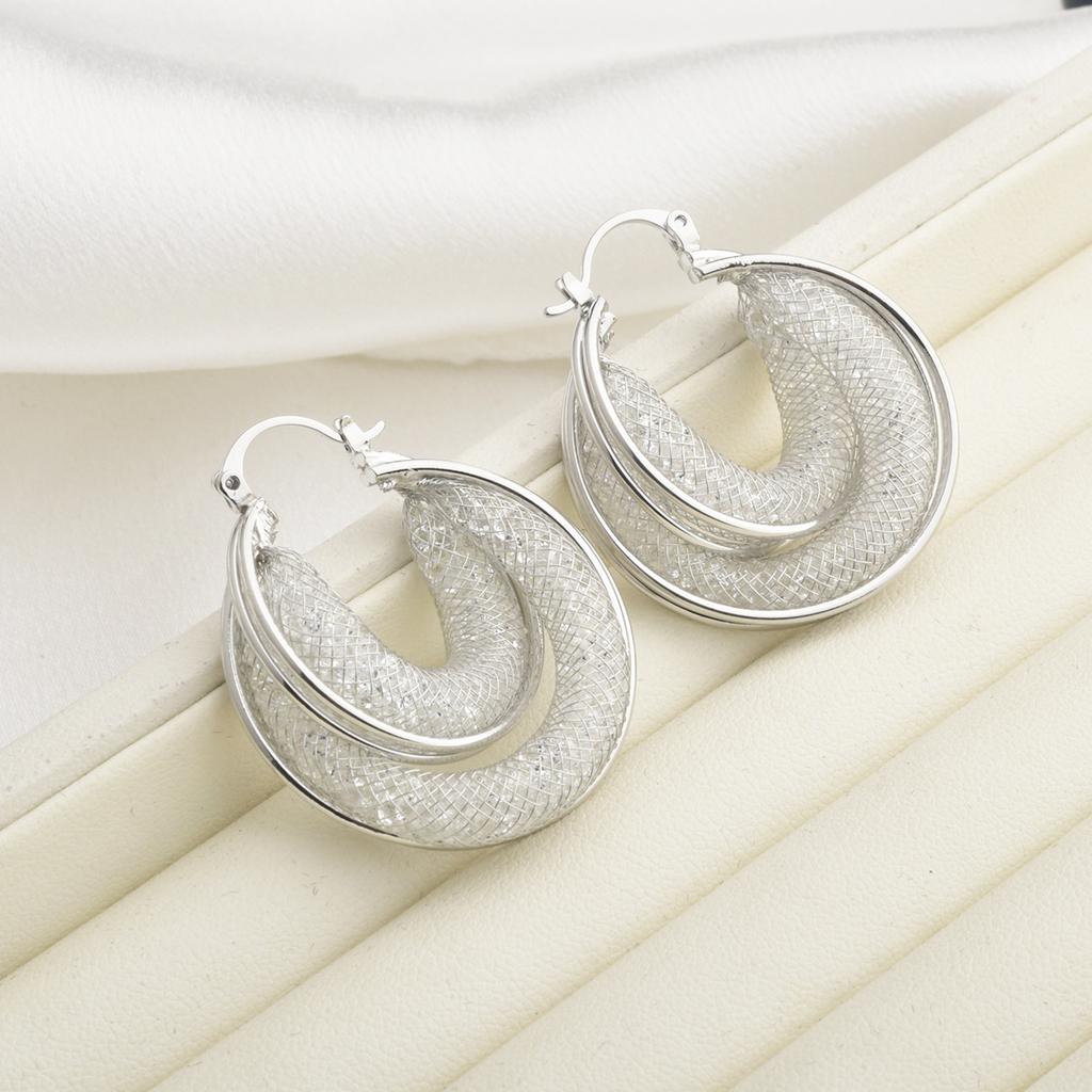 2026 European Elegant Mesh Crystal Hoop Earrings - Luxury Sparkling U-Shaped Ear Buckles for Women Niche Design Jewelry