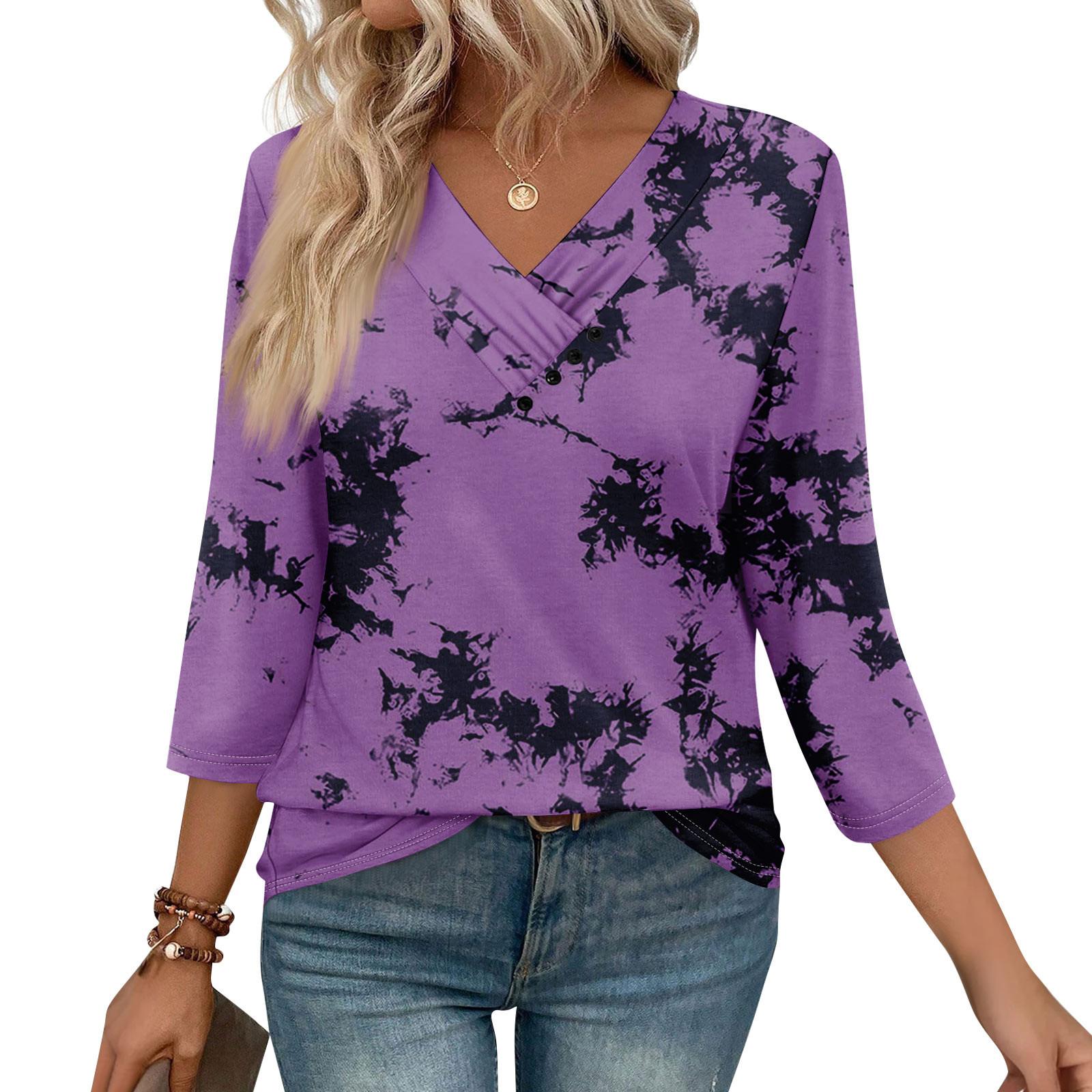 

Womens 3/4 Sleeve Daily Weekend V Neck Casual Printed Tshirts Loose Fit Pleated Tees Button Down Shirts XL фіолетовий