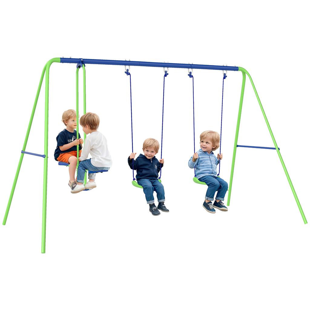 Metal Swing Set, with Seesaw, Adjustable Height, for Ages 3+ Years, Green
