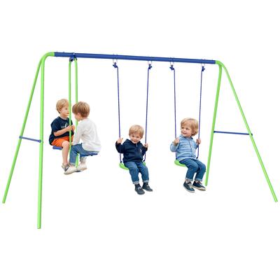 Metal Swing Set, with Seesaw, Adjustable Height, for Ages 3+ Years, Green