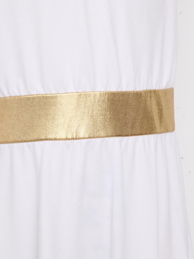 Kids Girls Greek Toga Costume with Shawl Gold Trim Metallic Waist Sleeveless Back Zip Dress for Halloween Themed Cosplay