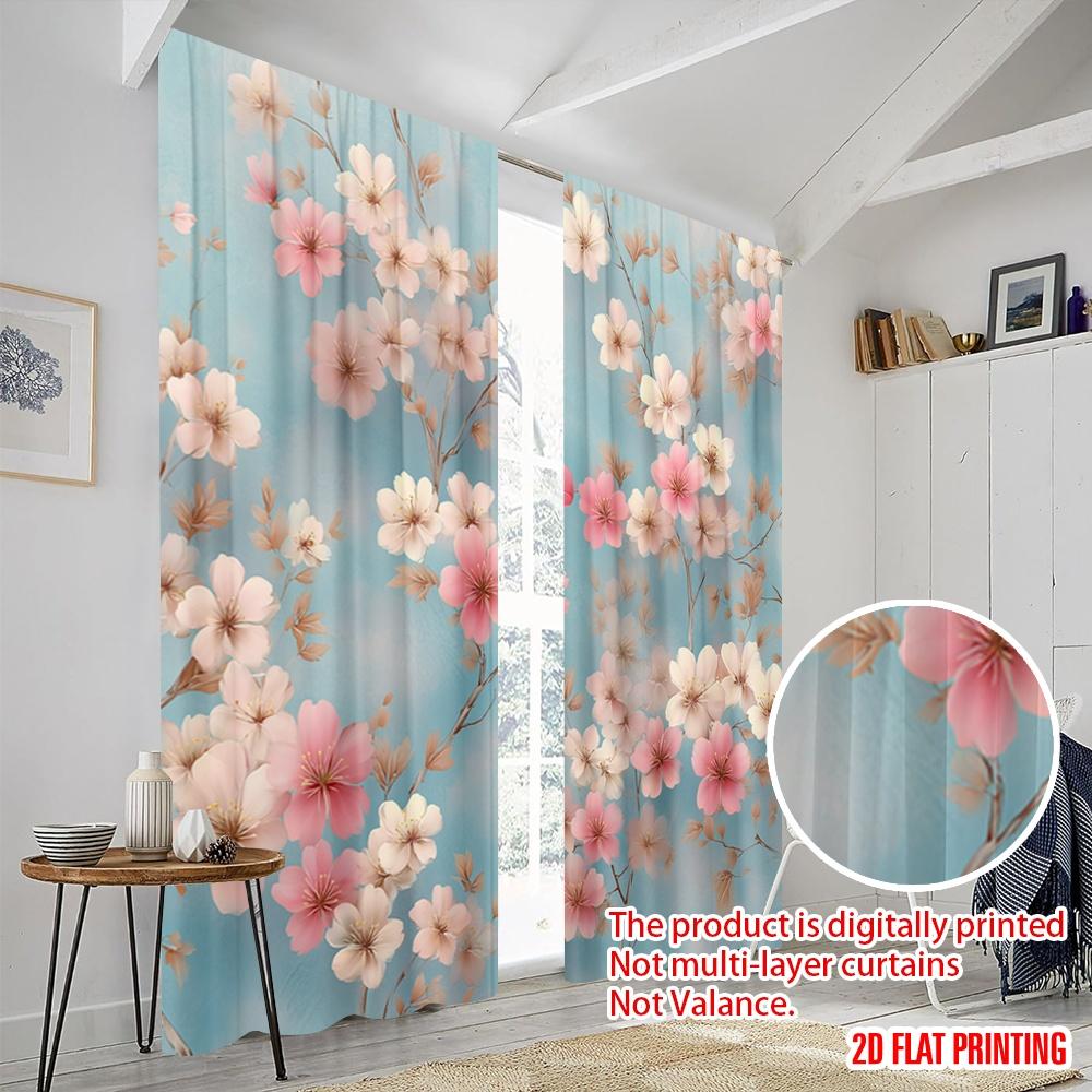 2pcs,2D plane printing Curtains Digital Printed Cherry Blossoms on Blue Versatile Durable Polyester (without rod) Festive