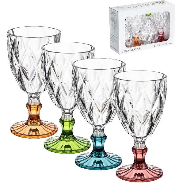 Vintage Wine Glasses Set of 4, Plastic Reusable 12 Ounce Colored Water Goblets, Unique Embossed Pattern Unbreakable Stemmed Wine Glasses, High Clear