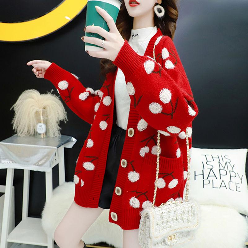 Women Fruit Printting Knitted Sweater Cardigans Single Breasted Long Sleeve Loose Sweater Tops