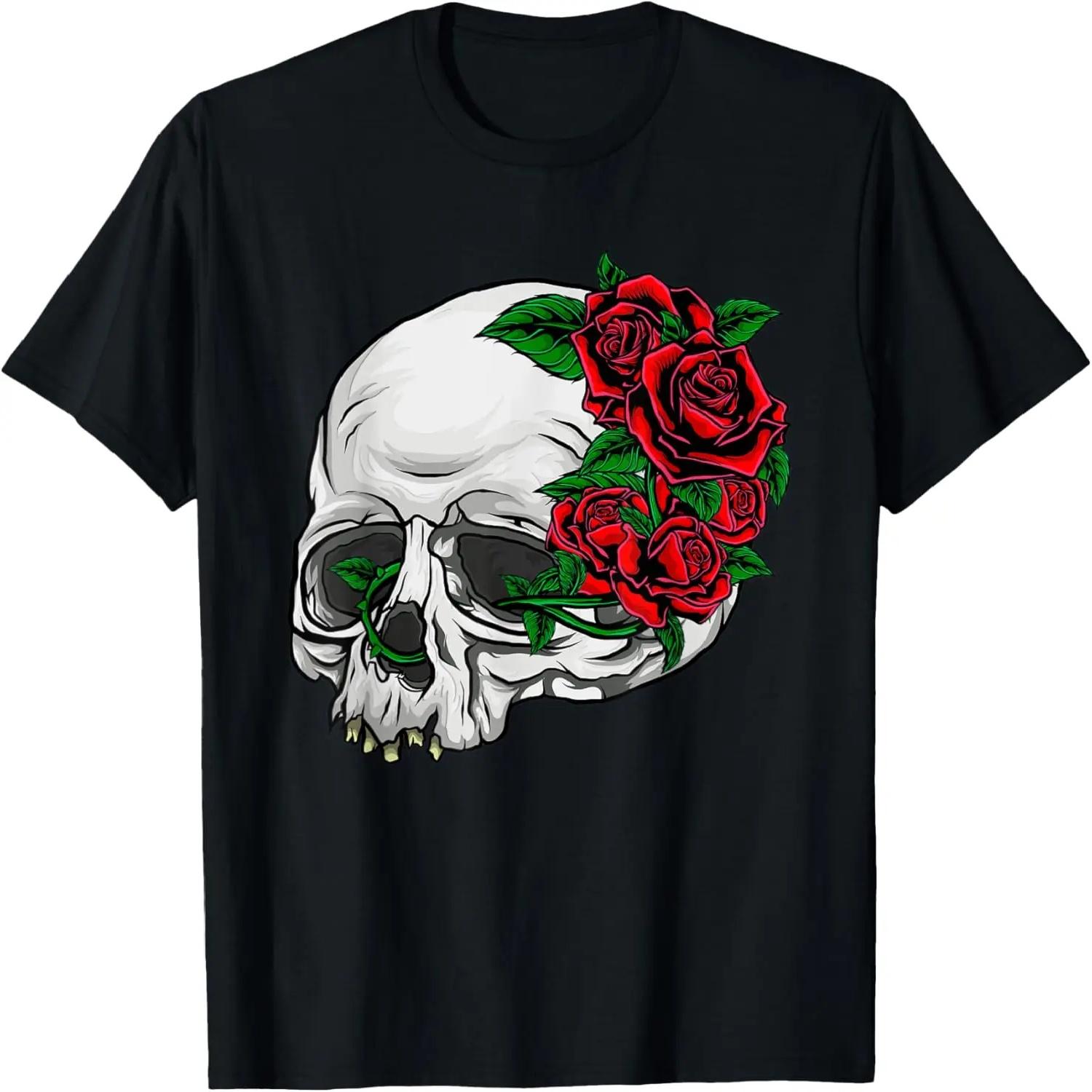 cool skull with roses in red - roses and skull T-Shirt S