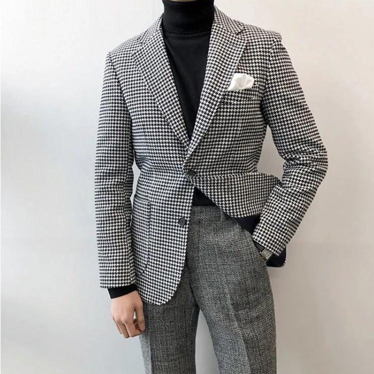 Męska marynarka w kratę na wiosnę/jesień, casualowa, dopasowana, w koreańskim stylu, biznesowa kurtka garniturowa