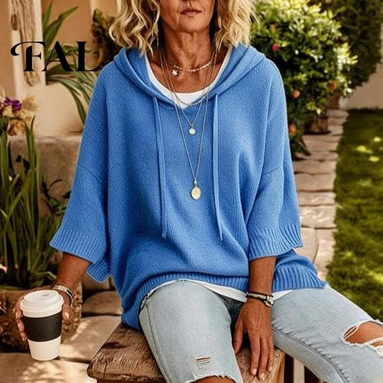 Women Winter Sweater Autumn Knit Pullover Sweater, Loose Fit Drawstring Hooded Casual 3/4 Sleeve Drop Shoulder Solid Color Long Tops