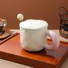 1Set Candy Tone Ceramic Mug 350Ml with Leak Proof Lid Stirring Spoon Comfort Handle Aesthetic Tea Coffee Chocolate Cup Daily Use
