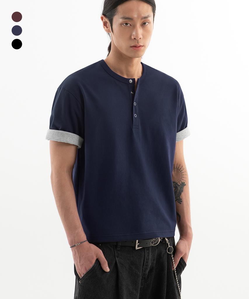 BRENSON Comfort Color Block Roll-Up Crop Henley Neck Short Sleeve Tee ( 3 Colors )