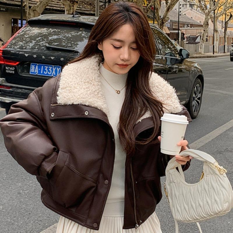New cotton-padded clothes women's short lamb wool large lapel cotton clothes women's jackets winter college style small men wear outside