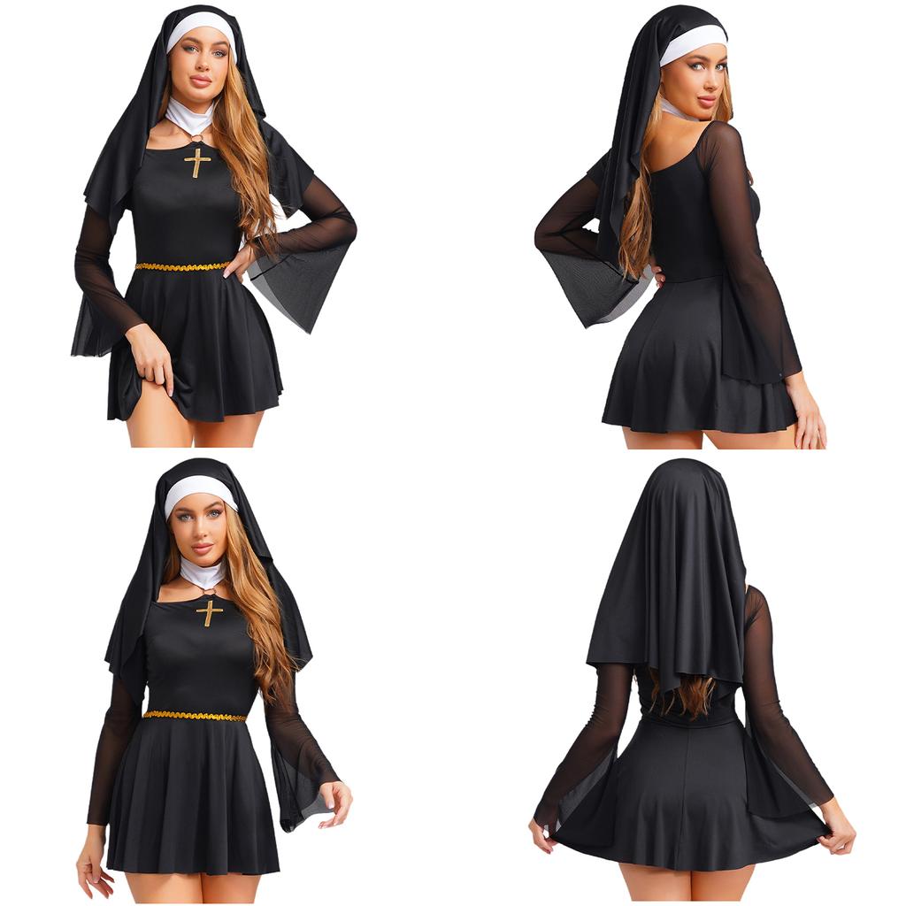 Fantasia de Freira Malvada Feminina para Halloween P-3GG: Vestido Sexy Decote Ombro a Ombro com Argola O, Mangas em Renda e Estilo Calça Culotte, Inclui Lenço de Cabeça