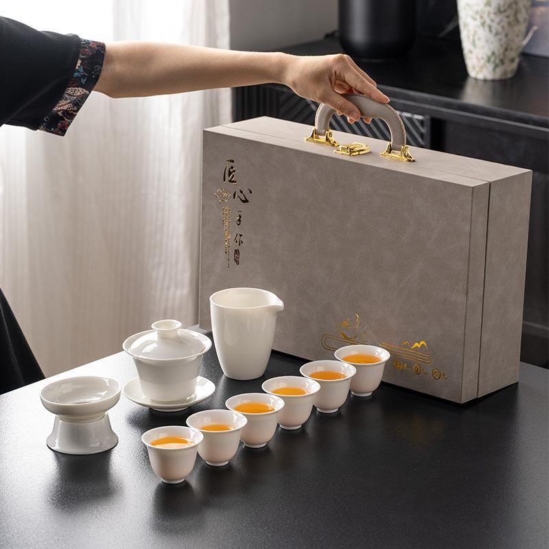 Light Luxury Suet Jade White Porcelain Cover Bowl Kung Fu Tea Set, Complete Set of Office Business Gifts, Gift Boxes, Boutique Products