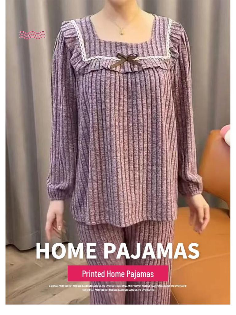 Cord Samt Quadratischer Ausschnitt Lockerer Pyjama Set - Damen Herbst/Winter Homewear