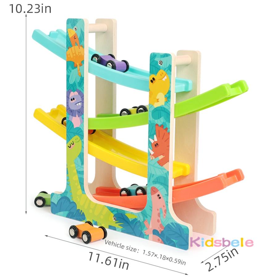 Montessori Multicolor 4-Track Car Ramp Toy with 6 Mini Cars Christmas Gift Party Presents Toddlers Wooden Fine Motor Puzzle Toy