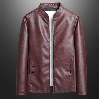 Men Imitation Leather Jacket Stand Collar Long Sleeve Zipper Closure Windbreaker with Pockets Coat