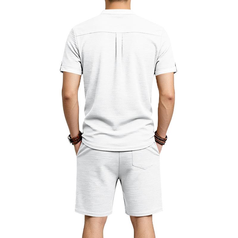 Men's 2-Piece Casual Outfit Henley Neck Short Sleeve T-Shirt Elastic Waist Shorts Set Summer Breathable Textured Tracksuit