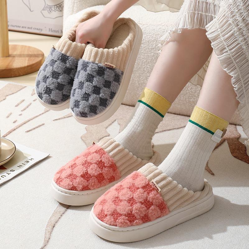 Autumn and winter plush thick-soled slippers for women's indoor home thickened warm confinement shoes non-slip cotton slippers for men