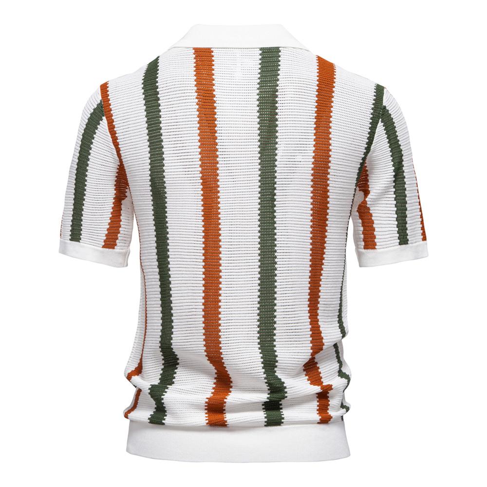 AIOPESON Men's Knitted Polo Shirt Breathable Striped Casual V Neck Turn Down Collar High Quality Polo Shirt Men