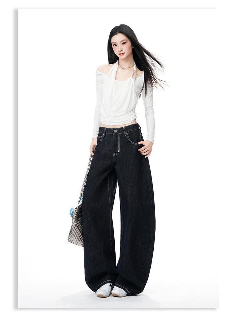 Women's Non-Sticky Wide-Leg Jeans: Spring Loose, Curved Style, Slim-Fit Pants
