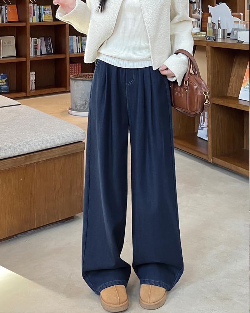 HIMATI Warm and Long Pants for Fall and Loose Fluffy Dblue XL Women's Fleece-Lined Pants, Warm, Winter, Thick, Wide-Length, Fit, - -