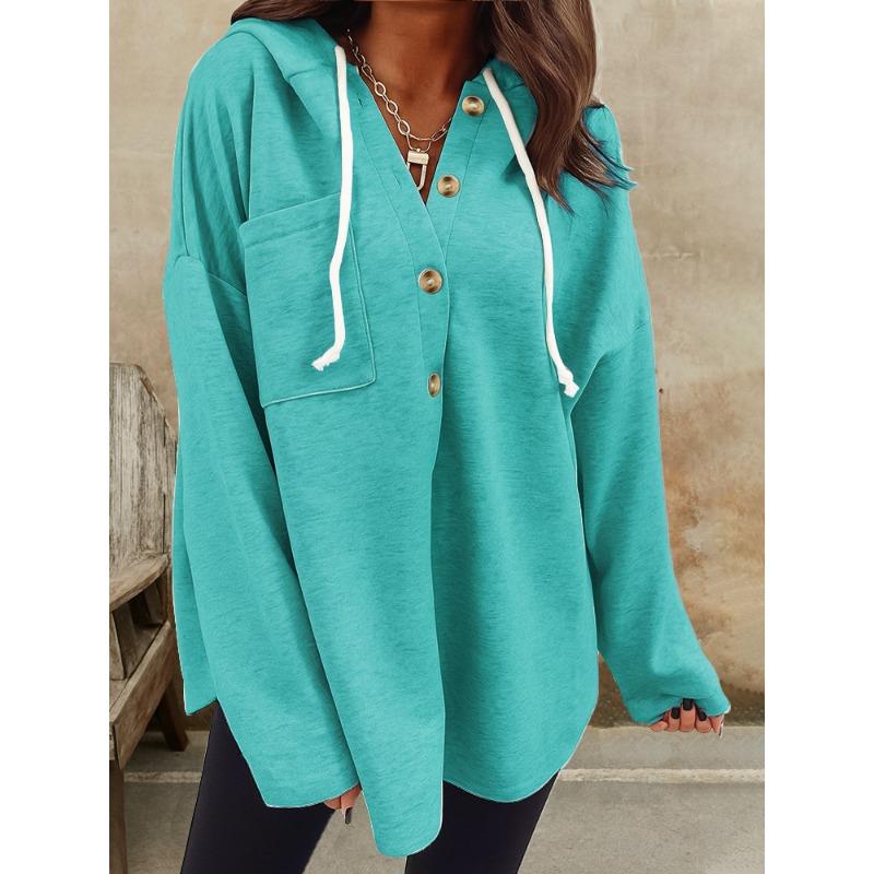 New Women's Casual V-neck Hooded Long-sleeved Pullover Loose Solid Color Multi-color Women's Sweatshirt