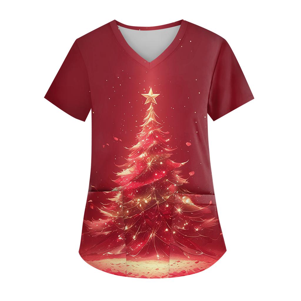 Women's V-neck Christmas Print Short-sleeved Pocket Side Slit Uniform Top