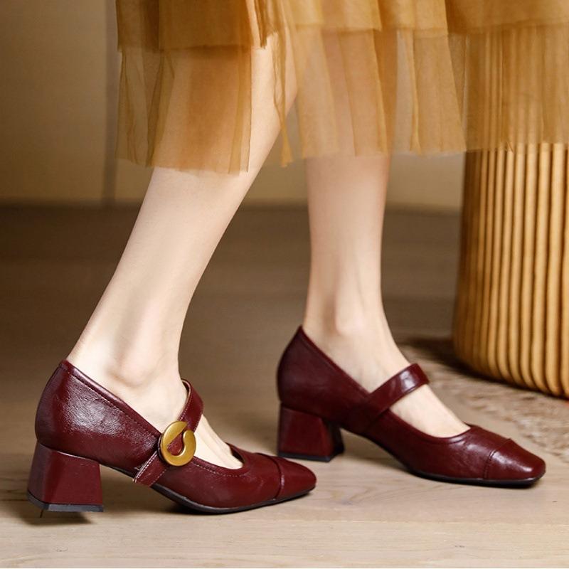 Mary Jane shoes shallow single shoes women's autumn and winter new design thick heel retro small leather shoes
