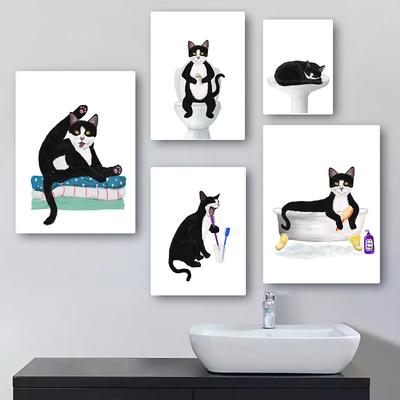 Pintura em tela para banheiro de gato smoking, arte de parede, divertido, gato preto e branco, banheiro, amante de gatos, pôster, decoração