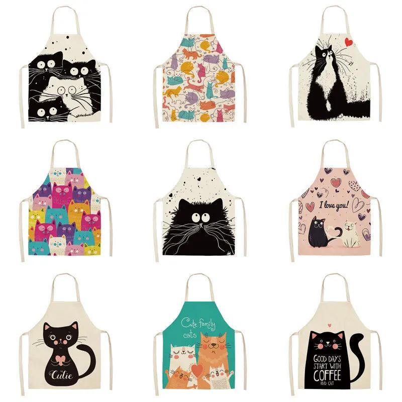 1 Pcs Cute Cat Pattern Kitchen Apron For Women Bibs Household Cleaning Pinafore Home Cooking Chef For Man