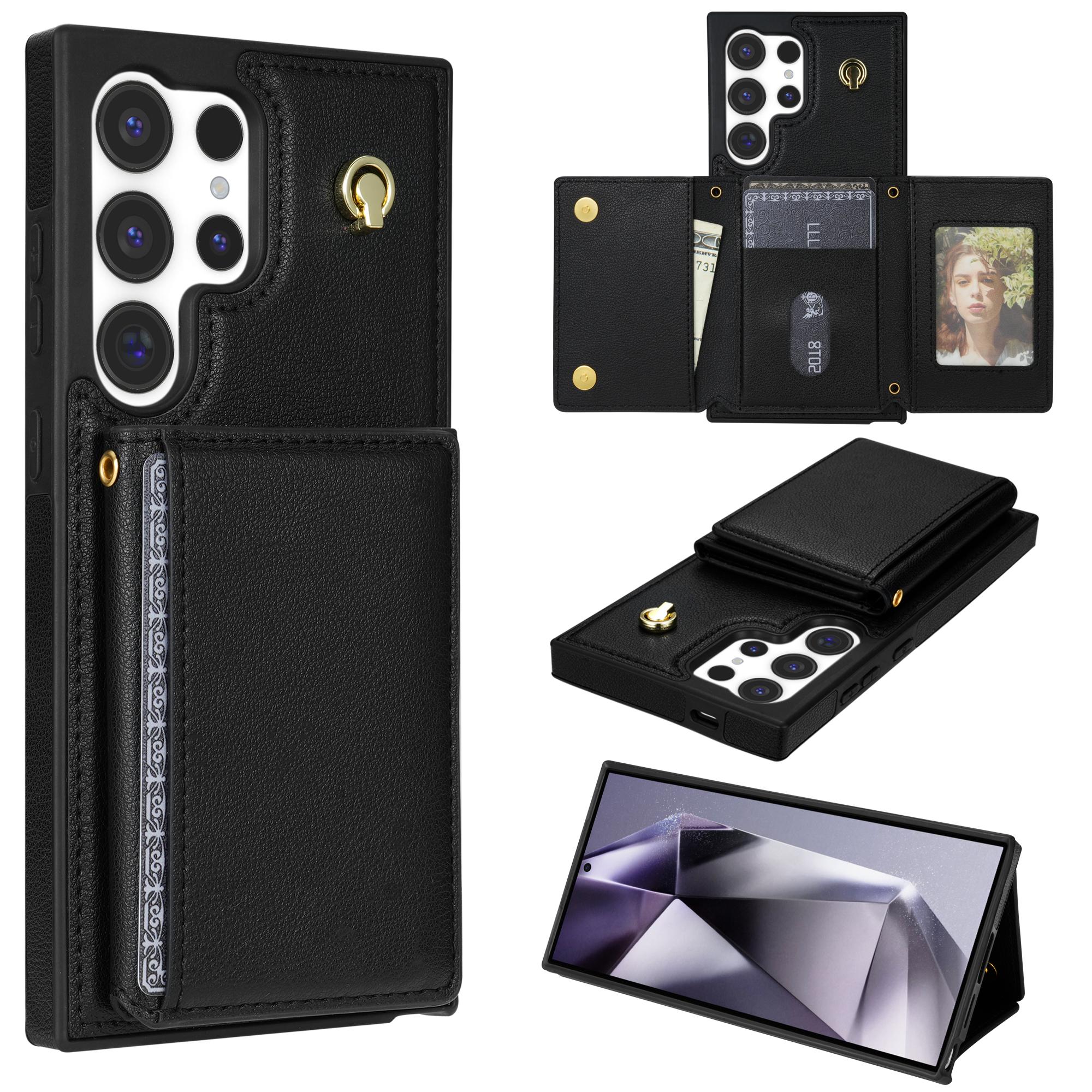 

BKS-003 For Samsung Galaxy S24 Ultra Case Tri-Fold Card Holder Kickstand TPU+Leather Back Cover with Shoulder Strap A