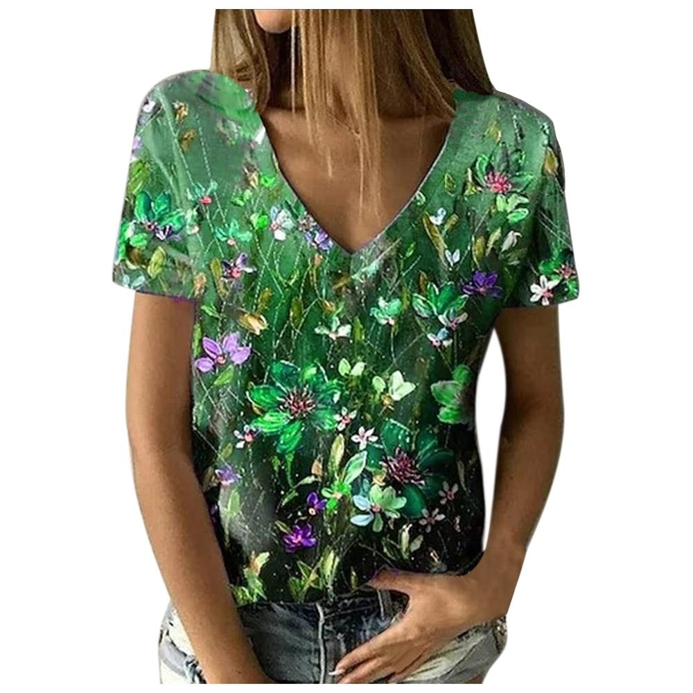 Summer V-neck 3D Floral Simple Graphic Printed Top Fashionable Casual Short Sleeved Women's T-shirts