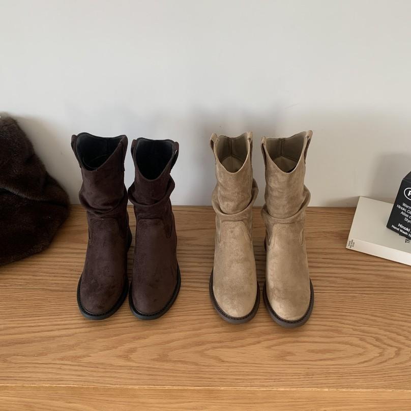 2025 autumn and winter new Maillard retro temperament thin suede western pile female knight boots