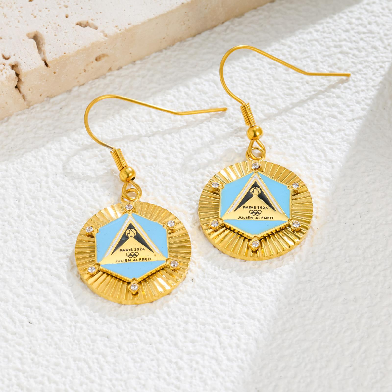 Vintage Egyptian Enamel Pendant Stainless Steel Necklace Earrings Set Niche Design Gold Geometric Jewelry