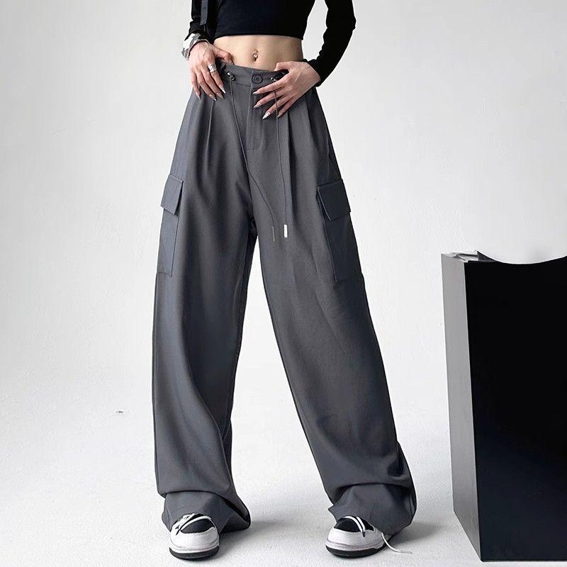 Gray Drapey High Waist Slimming Cargo Pants with Large Pockets - Women's 2025 Spring/Autumn Floor-Length Casual Pants.