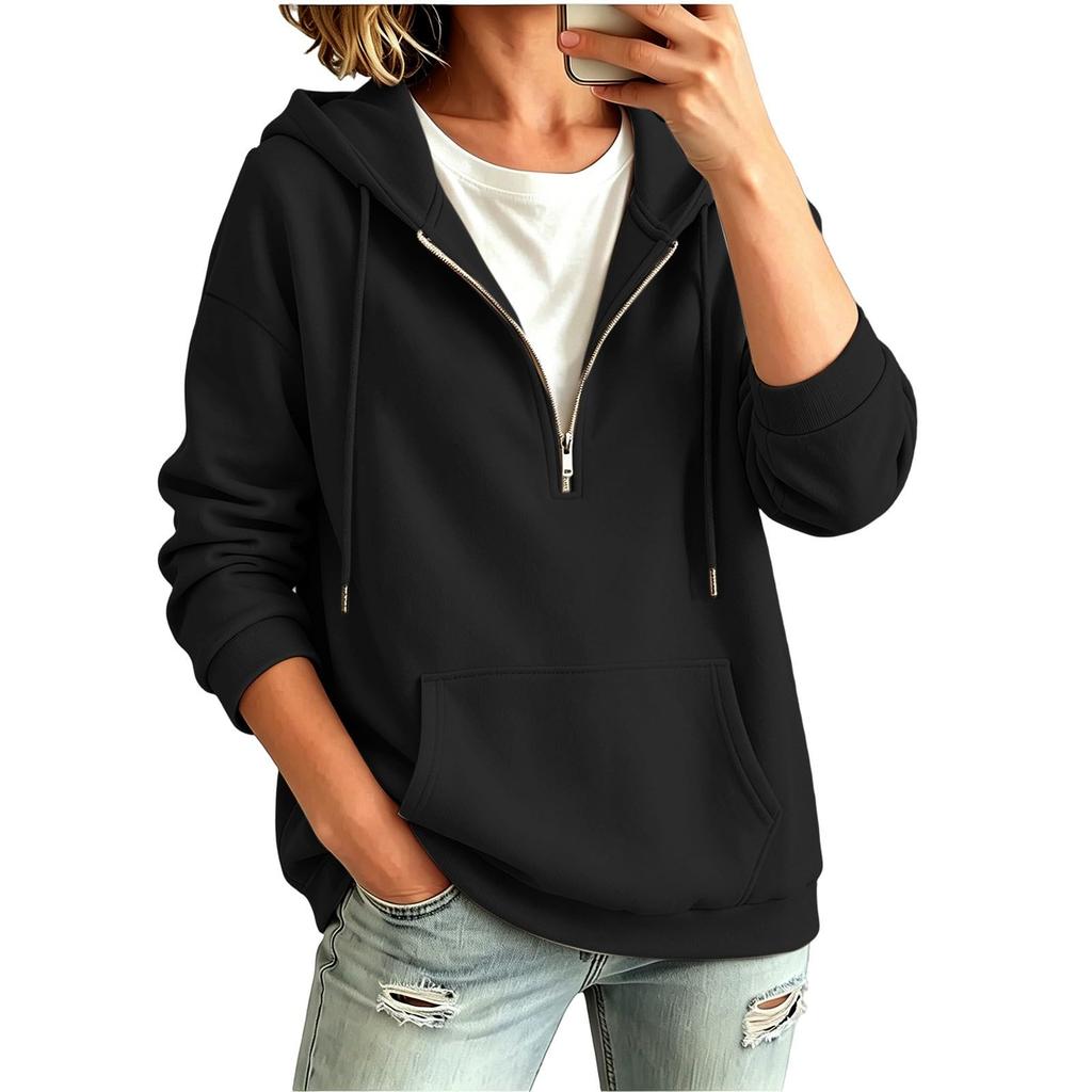 Women's Casual Color Zip-Up Hoodie with Drawstring and Pockets