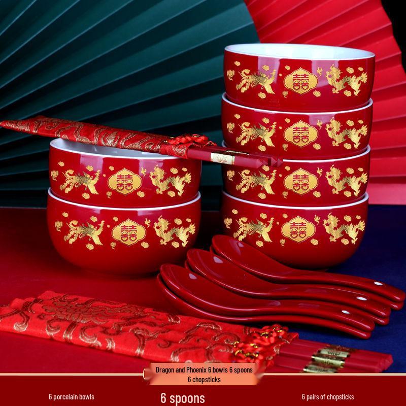 Red Wedding Bowls & Chopsticks Set - Bride's Dowry
