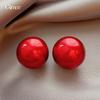 Retro red round pearl stud earrings simple versatile earrings European and American exaggerated earrings women