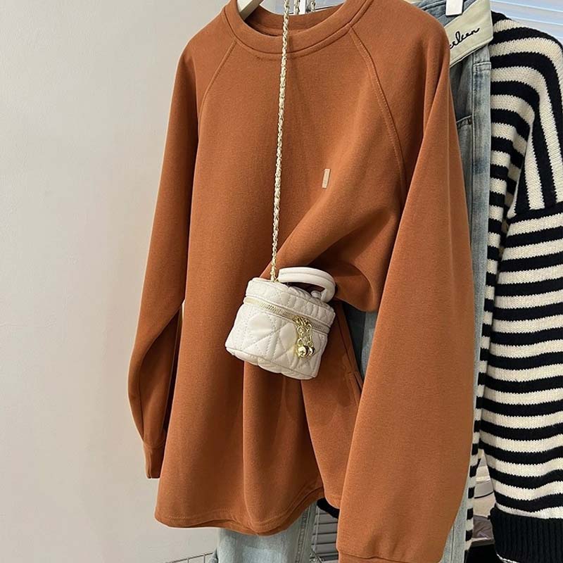 Sweatshirt for Women Autumn Winter Solid Color Thickened Warm Stretchy Long Sleeve Oversize Tops