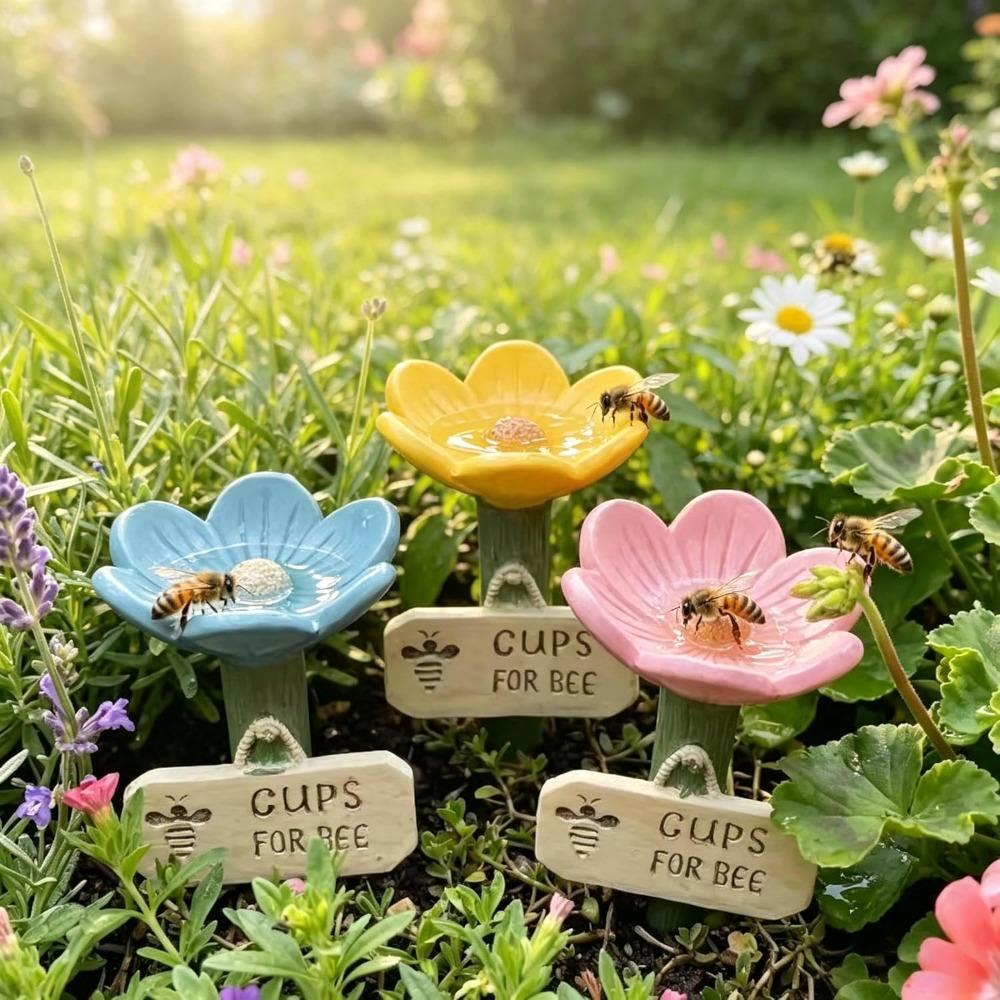 Ceramic Bee Watering Station for Garden, Flower-Shaped Bee Cups with Textured Center, Outdoor Pollinator Water Bowl