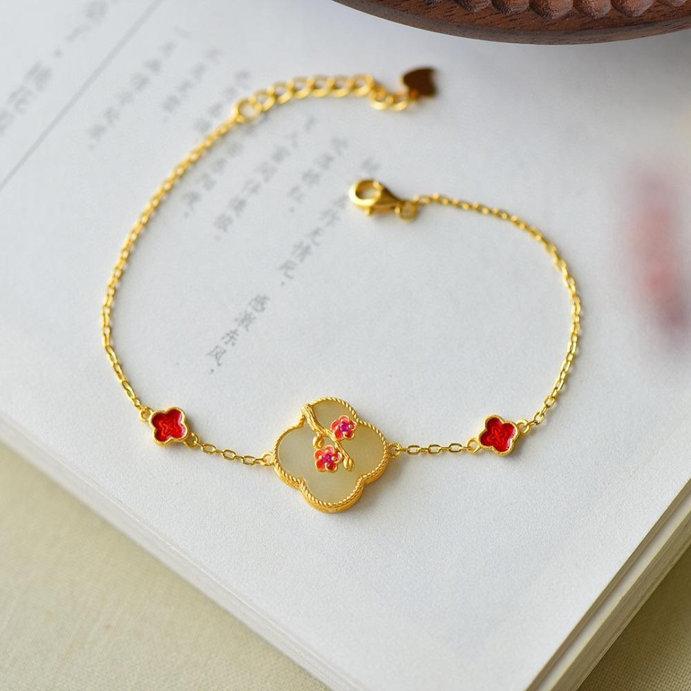 Women Jewelry Set Clover Earrings Necklace Bracelet Ring Vintage Enamel Painted Hanfu Accessories Imitation Hetian Jade