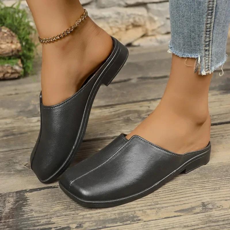 

Модная женская обувь в продаже 2025 Новые горячие распродажи Тапочки Женская мода Однотонные Повседневные Высокого качества Женские тапочки с квадратным носком на плоской подошве 36