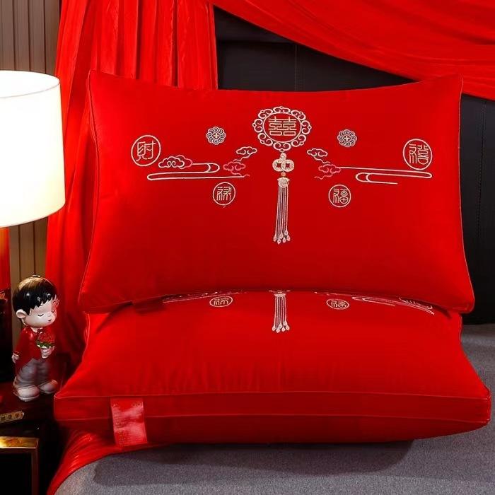 High-end Pillow Core 100% Cotton Big Red Wedding Celebration Newlywed Household Pair of Pure Cotton Pillow Wedding Pillow Core Wedding Room