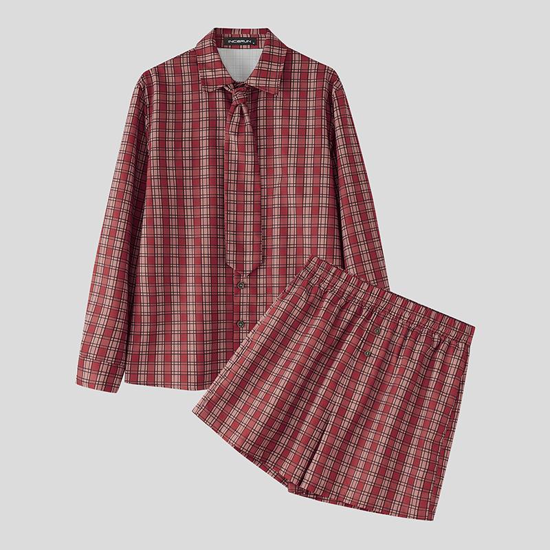 

INCERUN Two Pieces Men V Neck Plaid Long Sleeve Shirts Short Pants Casual Sets 5XL кларет
