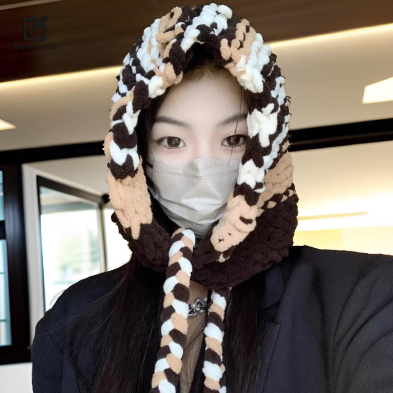 Korean Big Head Circumference Thick Thread Pullover Hat for Women's Handmade Warm Knitted Hat Outdoor Wool Hat